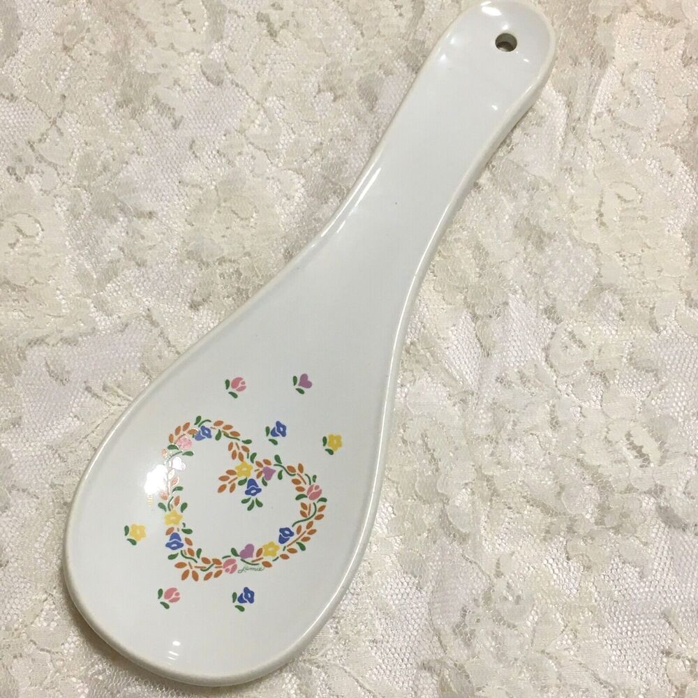 Vintage Cottagecore Spoon Rest Laurelwood USA White Ceramic Floral Heart 80s 90s